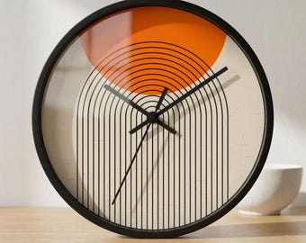 Burnt Orange Geometric Clock, Bauhaus Style Mid Century Decor, Minimalist Retro Silent Home Accent