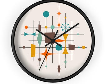 Atomic Wall Clock Mid Century Modern 50s 60s Retro Wall Clock MCM Decor Orange Turquoise Brown Abstract Geometric Atomic Starbust