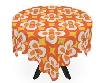Toalha de mesa quadrada de poliéster mostarda laranja retrô com design de meados do século