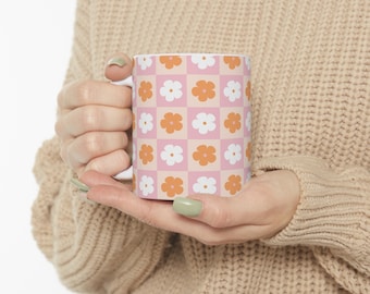 Tazza da caffè con margherita rosa, tazza in ceramica retrò, tazze da tè vintage moderne della metà del secolo, anni '50, anni '60, bicchieri, regalo a quadretti, tazza floreale MCM arancione rosa