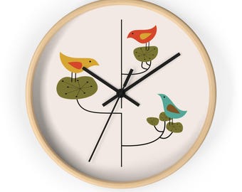 Orologio con uccelli, design scandinavo, decorazione da parete di metà secolo, orologio da parete moderno astratto, decorazione da cucina atomica vintage, orologio retrò MCM