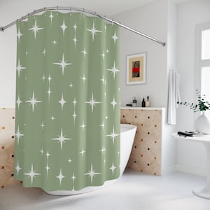 Cortina de chuveiro verde sálvia retro meados do século moderno cortina de banheiro estrelas brilhantes 50s 60s cortina de banheira abstrata mcm decoração de banheiro atômica