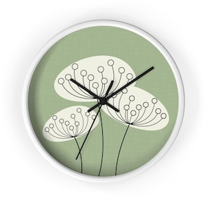 Sage Green Wall Clock Scandinavian Design Dandelion Wall Decor Abstract Flowers Wall Clock Vintage Mid Century Kitchen Retro Clock MCM Funky