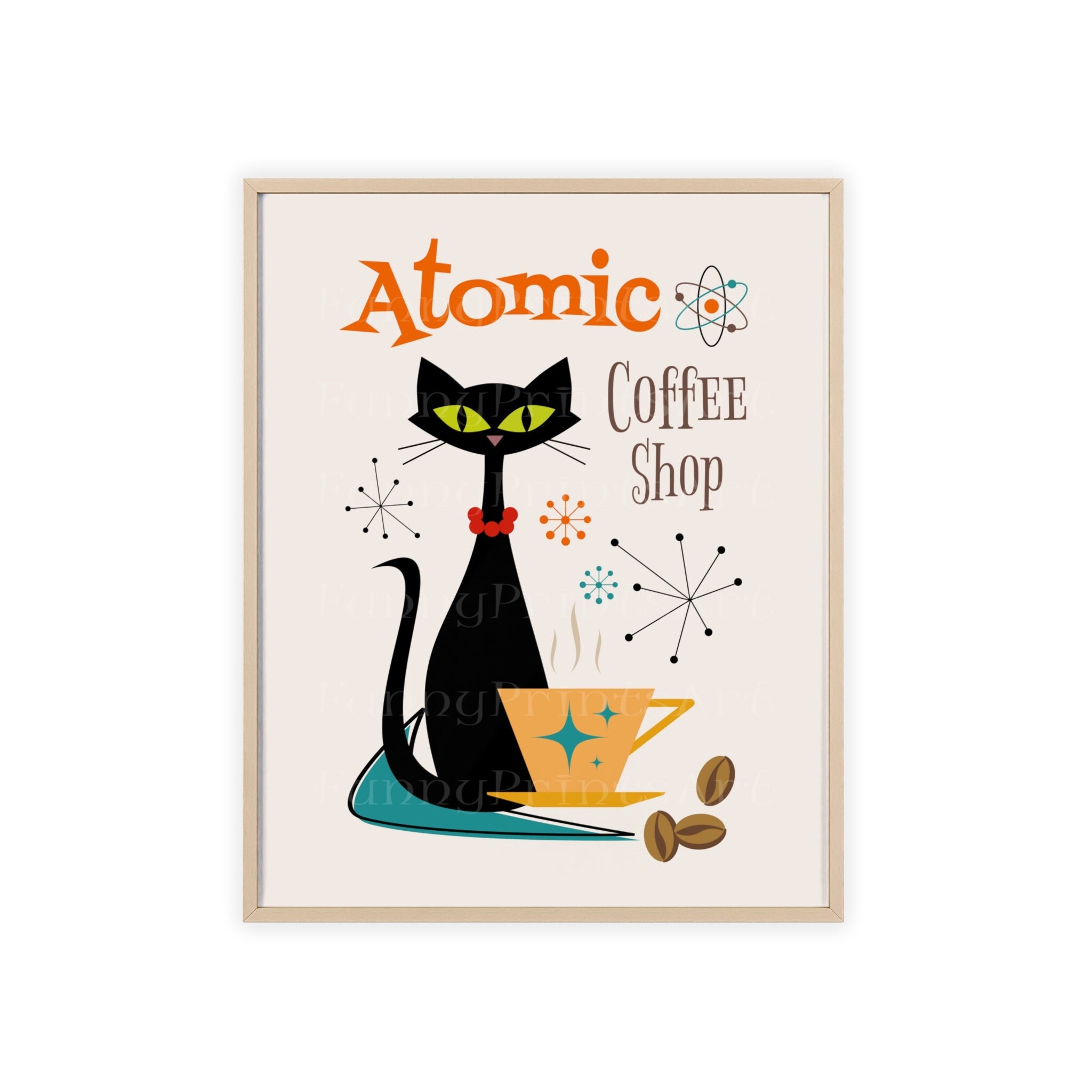Atomic Black Cat Kitchen Wall Art Decor Poster Mid Century MCM
