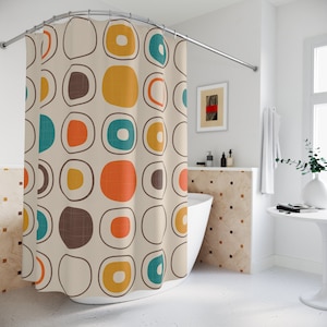 Zasłona prysznicowa z połowy wieku Retro zasłona łazienkowa Abstrakcyjne kształty geometryczne Lata 50. Lata 60. Zasłona do wanny Vintage Cute MCM Atomic Age Decor