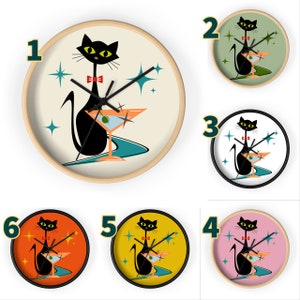 Atomic Cat Wall Clock Mid Century Modern 50s 60s Retro Wall Clock Black Cat MCM Wall Clock Decor Cocktail Cute Kitchen Wall Clock Hangings