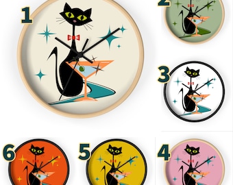 Atomic Cat Wall Clock Mid Century Modern 50s 60s Retro Wall Clock Black Cat MCM Wall Clock Decor Cocktail Cute Kitchen Wall Clock Hangings