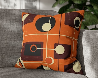 Burnt Orange Throw Pillow Cover Abstract Cushion Decorative Pillow Retro Mid Century Home Decor Accent Pillow MCM Geometric Orbs And Squares
