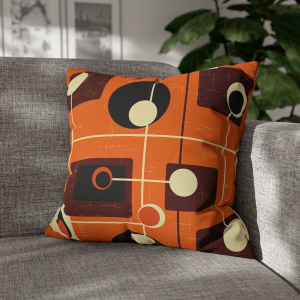 Burnt Orange Throw Pillow Cover Abstract Cushion Decorative Pillow Retro Mid Century Home Decor Accent Pillow MCM Geometric Orbs And Squares