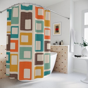 Zasłona prysznicowa Retro Mid Century Modern Zasłona łazienkowa Atomic Starburst Lata 50. i 60. Zasłona do wanny Abstrakcyjna Geometryczna Vintage Kolorowa Słodka