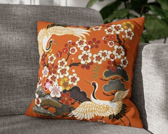 Japanese Crane Throw Pillow Case Oriental Orange Home Decor Sakura Asian Birds Flying Crane Cushion Chinoiserie Japan House Pillow Cover