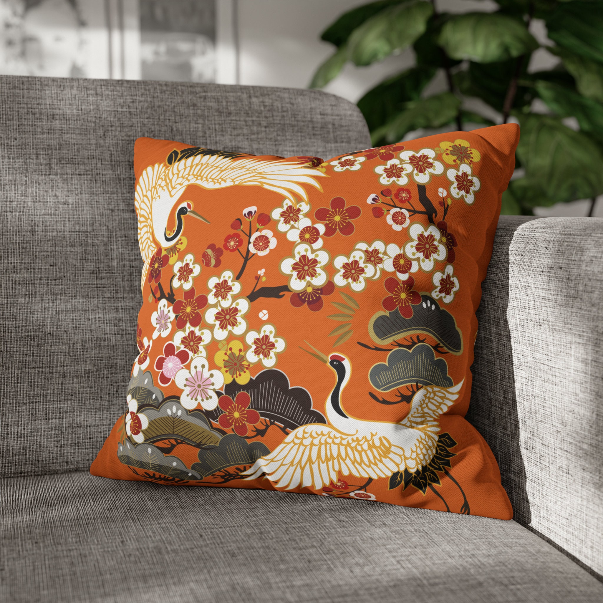 Japanese Crane Throw Pillow Case Oriental Orange Home Decor Sakura