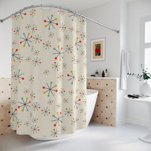 Zasłona prysznicowa Retro Mid Century Modern Zasłona łazienkowa Atomic Starburst Lata 50. i 60. Zasłona do wanny Abstrakcyjna Geometryczna Vintage Kolorowa Słodka