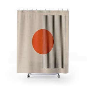 May include: A beige shower curtain with a large orange circle and black vertical lines. The circle is partially obscured by the lines.