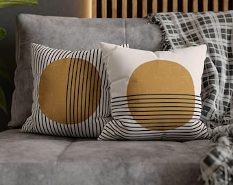 Mid Century Modern Pillow Case, Mustard Yellow Abstract Circle Cushion Cover, Minimalist Home Decor