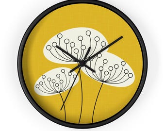 Orologio da parete senape, design scandinavo, decorazione da parete con tarassaco, moderno, orologio da parete con fiori astratti, orologio da cucina vintage di metà secolo, retrò, MCM