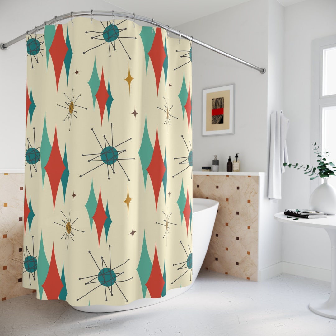 Mid Century Shower Curtain Retro Bathroom Curtain Atomic Starburst ...