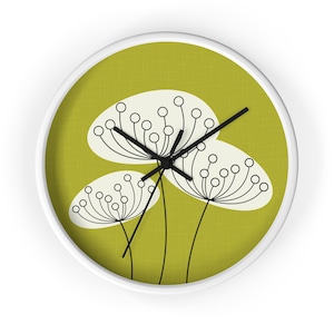 Mustard Green Wall Clock Scandinavian Design Dandelion Wall Decor Abstract Flowers Wall Clock Vintage Mid Century Kitchen Retro Clock MCM