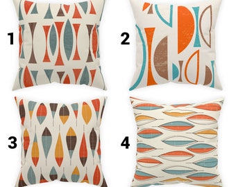 Mid Century Modern Throw Pillow Cover Blue Orange Leaf Pillow Case MCM Home Decor Geometric Throw Pillow 60s 70s Vintage Abstract Cushion