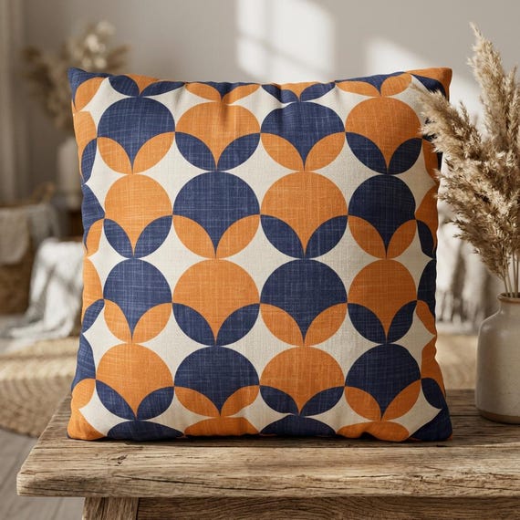 Retro-Kissenbezug mit geometrischem Muster: Mid-Century-Modern-Stil, orange-marineblau