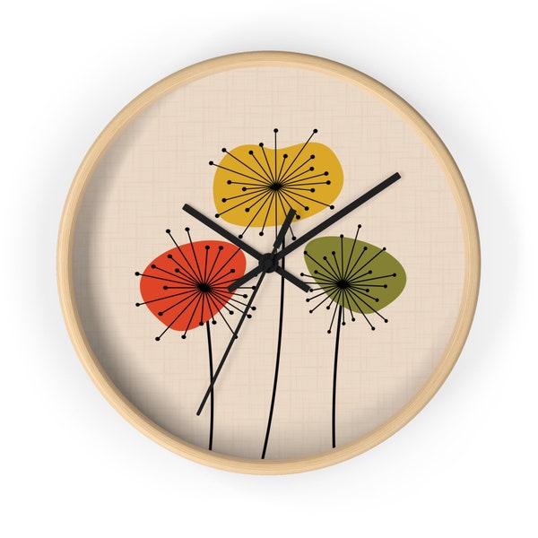 Mid Century Dandelion Clock Scandinavian Design Floral Wall Decor Modern Abstract Flowers Wall Clock Vintage Atomic Kitchen Retro Clock MCM