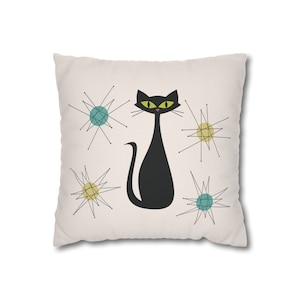 Black Cat Pillow Cover Retro Home Decor MCM Atomic Cat Cushion Decorative Throw Pillow Case Accent Sofa Couch Pillow Cat Lover Gift
