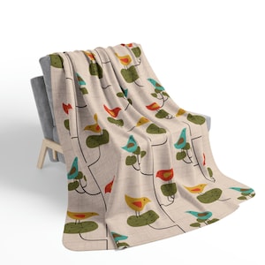 Retro Birds Fleece Blankets Mid Century Modern Couch Throw Blanket Abstract Cozy Vintage Boho Soft Blanket MCM Mid Mod Atomic Starburst