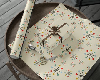 Papel de regalo navideño retro, lindo papel de regalo navideño con diseño de estrella atómica de los años 60 y 50, papel de regalo navideño moderno de mediados de siglo MCM.