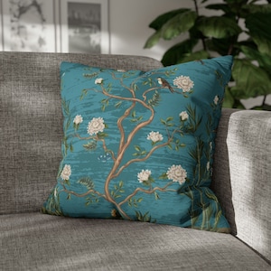 Chinoiserie Pillow Cover Teal Blue Chinoiserie Decor Chinoiserie Print Cushion Floral Throw Pillow Asian Chinese Print Pillow Case Summer