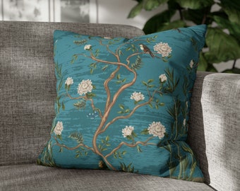 Chinoiserie Pillow Cover Teal Blue Chinoiserie Decor Chinoiserie Print Cushion Floral Throw Pillow Asian Chinese Print Pillow Case Summer