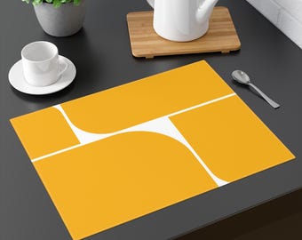 Katoenen Bauhaus-placemat, mosterdgele abstracte tafelmat, moderne geometrische eetkamertafel linnen Scandinavisch decor uit het midden van de eeuw