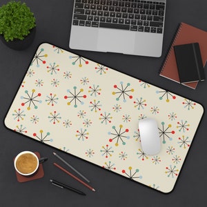 Mid Century Modern Desktop Mat Retro Desk Blotter Abstract Desk Mat Full Desk Mouse Pad Atomic Starburst Desk Decor Accessories MCM Desk Mat