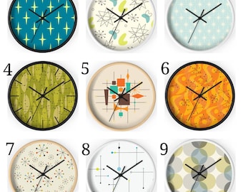 Wall Clock Mid Century Modern 50s 60s Retro Wall Clock MCM Decor Teal Green White Abstract Geometric Atomic Starbust