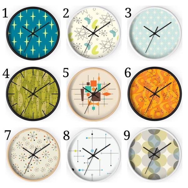 Wall Clock Mid Century Modern 50s 60s Retro Wall Clock MCM Decor Teal Green White Abstract Geometric Atomic Starbust