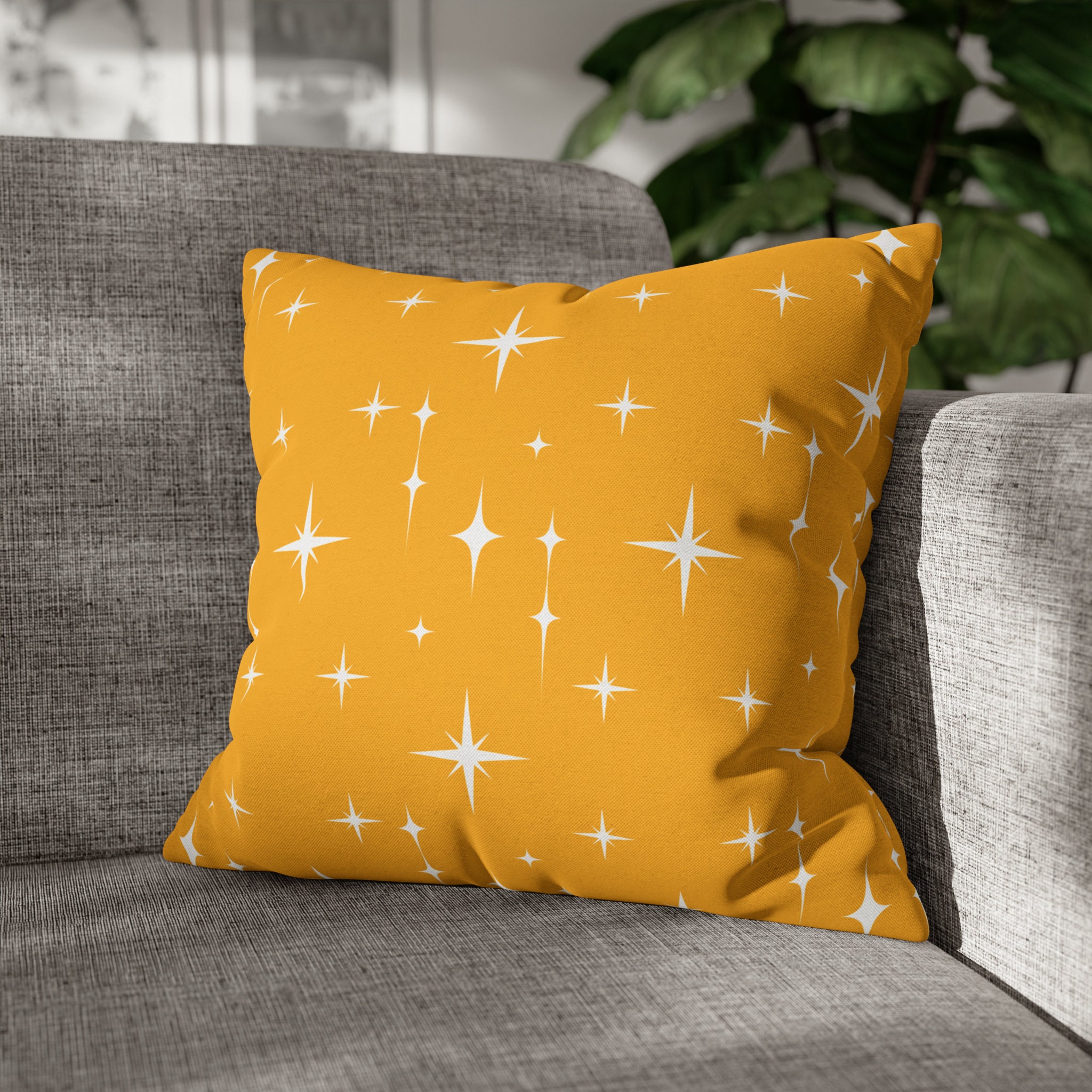 Mustard Yellow Throw Pillow Cover Retro MidCentury Modern Style Twinkle Stars Decor Abstract Atomic Cushion 1950s 1960s MCM Pillow Case