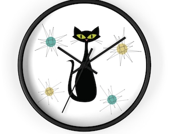 Atomic Cat Wall Clock Mid Century Modern 50s 60s Retro Wall Clock Black Cat MCM Wall Clock Decor Starburst Cute Kitchen Wall Clock Hangings