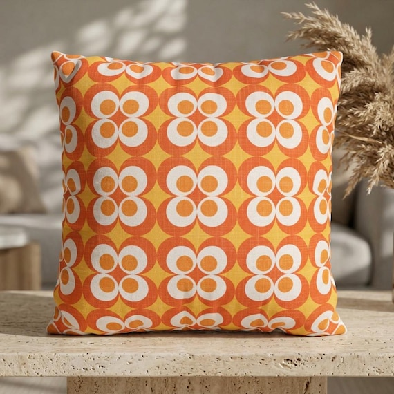 70er Jahre Retro Blumen Kissenbezug, Leinen wie Mod Floral Kissenbezug, Mid Century Modern Gelb Orange Dekokissen, gemütliches Dekor