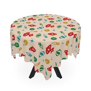 Christmas Tablecloth Mid Century MCM Ornaments Holiday Tablecloth Christmas Decorating XMas Retro Table Decoration Decor Square Tablecloth