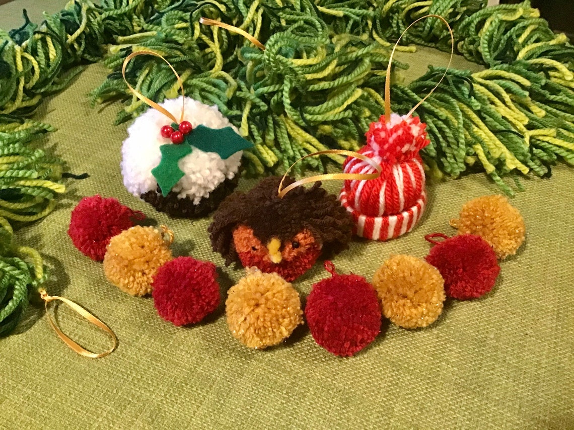 Christmas garland Pom Pom decorations handmade wool | Etsy