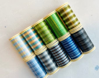 Sajou  glossy variegated thread spool, Green Blue group, Fil Au Chinois Luneville tambour thread spool, Sajou, Fabrique Embroidery