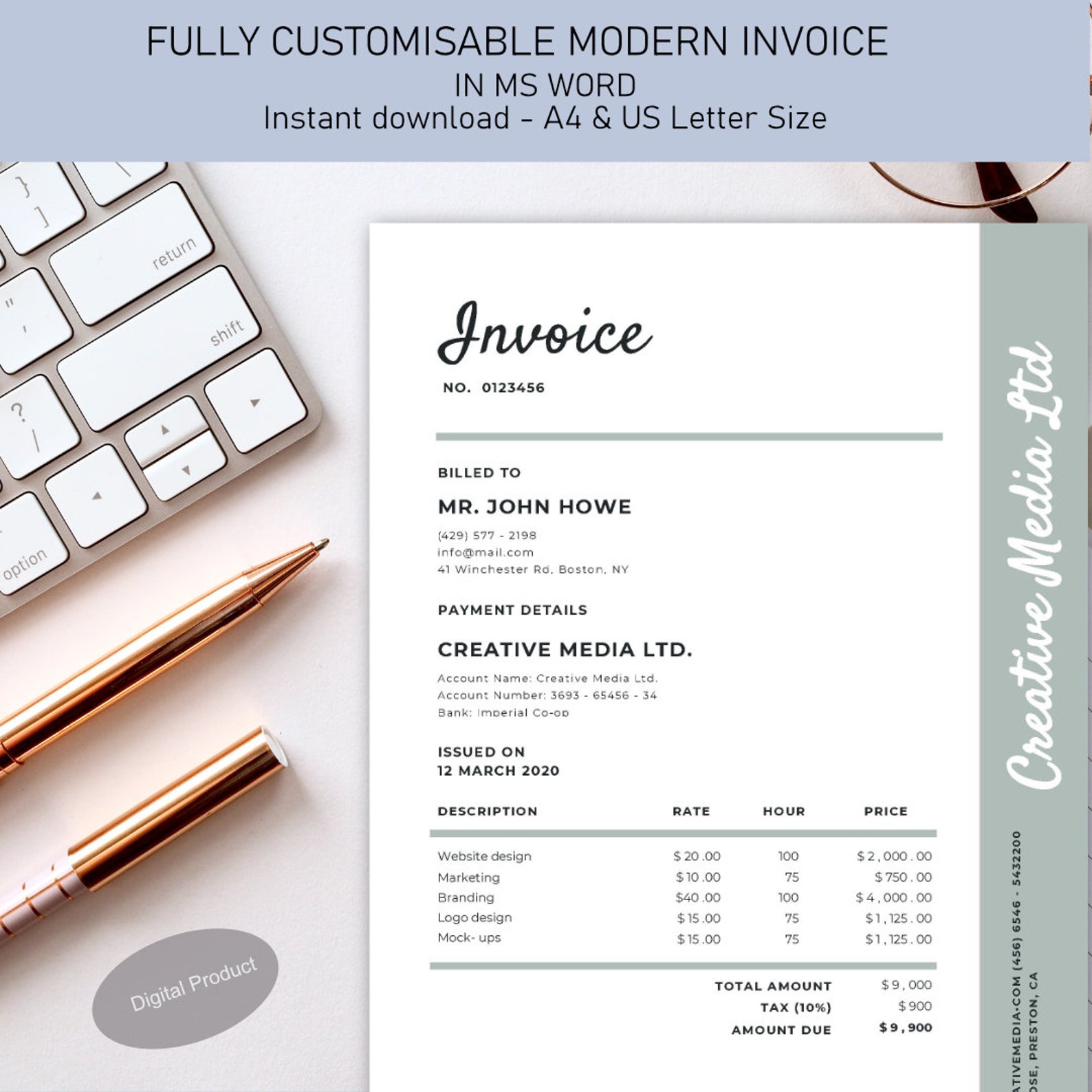 Modern Invoice Template Customizable Editable Printable Etsy UK