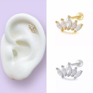 HALLE • CZ Crystal Crown Barbell Stud Earring • Dainty Earring • Screw Ball Back Earring • Gold Plated • 925 Silver • Conch Helix Cartilage