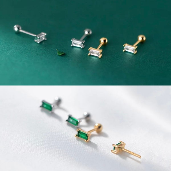 AISLA • TINY Baguette CZ Green Crystal Barbell Stud Earring • Dainty Earring • Ball Back Earring Stud • Gold Plated 925 Silver • Cartilage