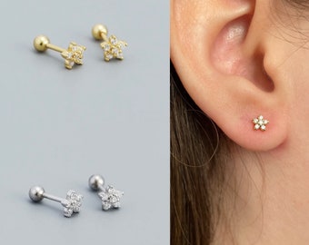 AMA • TINY CZ Crystal Flower Stud Barbell Earrings • Dainty Stud Earrings • Gold Plated • 925 Silver • Cartilage Helix Earring