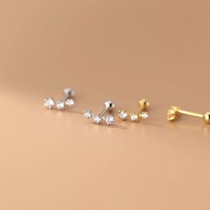 ORI • TINY CZ Crystal Stud Barbell Earrings • Dainty Stud Earrings • Triple Crystal • 18k Gold Plated • 925 Silver • Cartilage HelixEarring