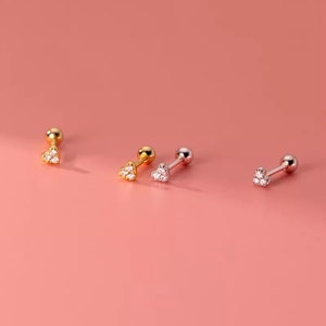 LUCA • TINY Heart CZ Crystal Barbell Stud Earring • Dainty Earring • Screw Ball Back Earring  Stud • Gold Plated 925 Silver • Cartilage