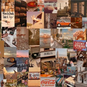 Op de afbeelding: Een collage in vintage stijl met afbeeldingen van een rode auto, een stadsbeeld, een platenspeler, een zonsondergang, een telefoon, een bord met de tekst "Lucky Strike Club" en een Coca-Cola-fles.