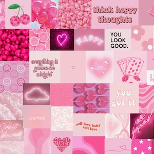 May include: Pink and white aesthetic collage with text such as "think happy thoughts", "you look good", "everything is gonna be alright", "you got it", "self love baby self love", "treat yourself", "inspire", "good vibes only", "be kind", "I love me", "lucky girl", "hello gorgeous", and "happy".