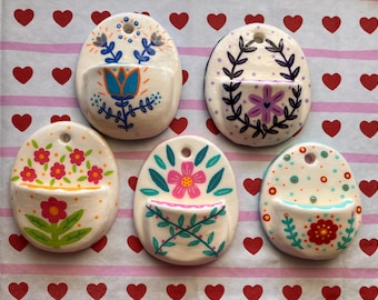 Handmade air dry clay ring pocket holder hand painted floral wall hanging