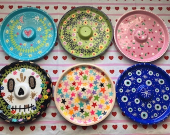 Large round incense stick holder dish hand painted handmade